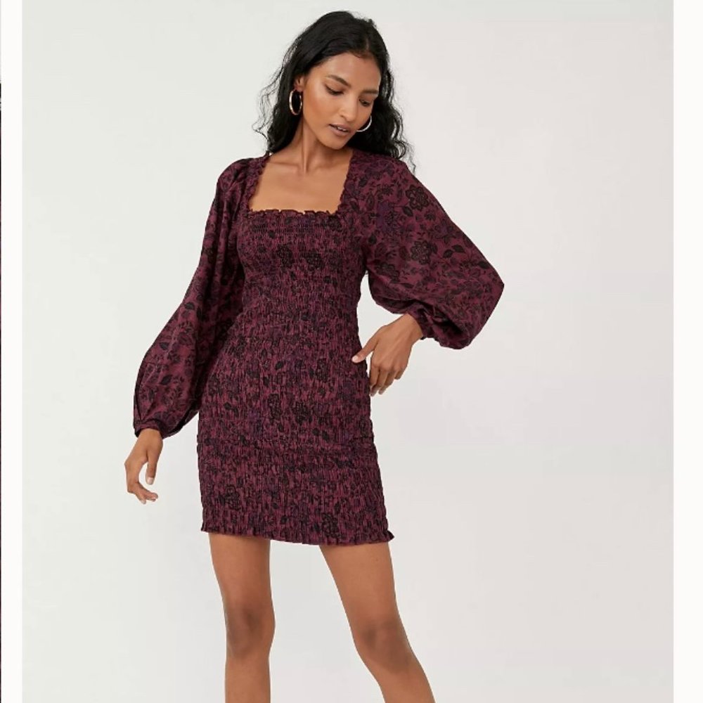 New Free People Smock It To Me Mini Dress in Black Motif